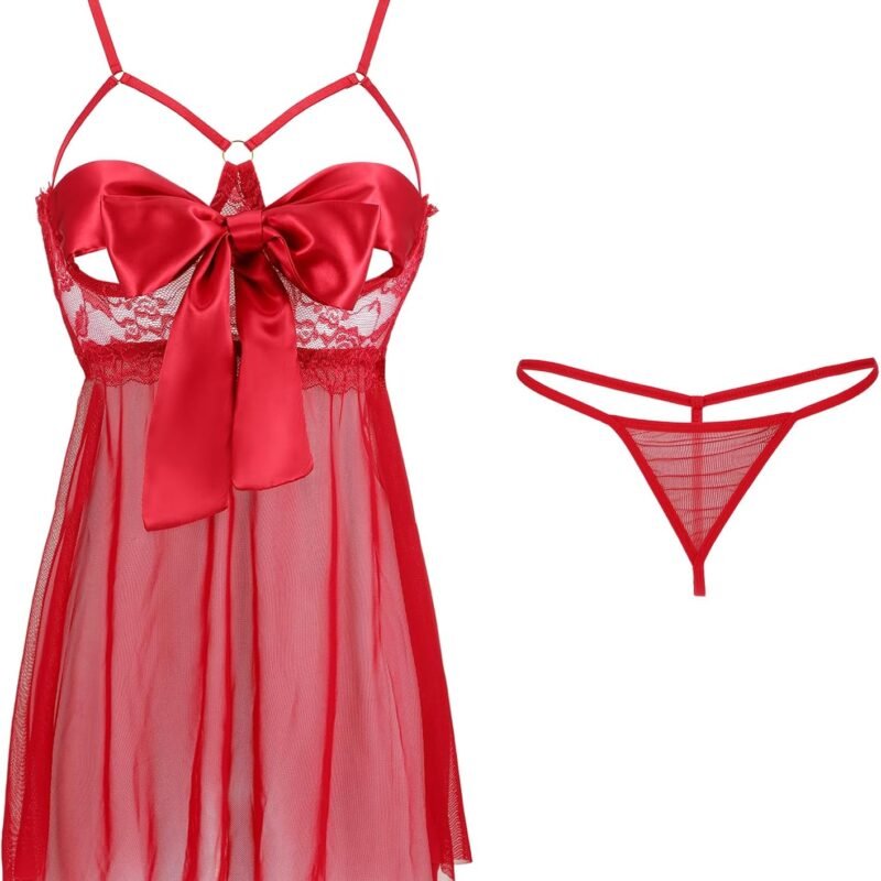 Womens Babydoll Lingerie Sexy Sheer Mesh Chemise Sleepwear Unwrap Me Naughty Lingerie Dress with Thong