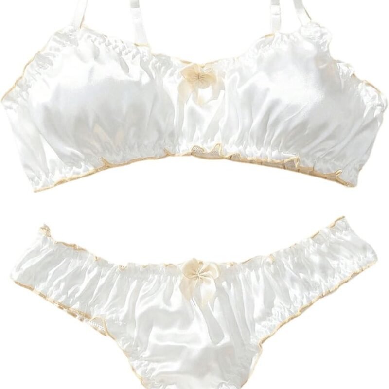 Verdusa Women's Satin Lingerie Set Sexy Lettuce Trim Bow Bra and Thong Sets