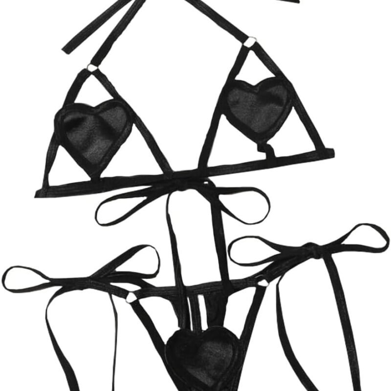 Womens Heart Mesh Sheer Lingerie Set Mini Top Tie Sides Thong Sexy Micro Swimwear Bikini Set