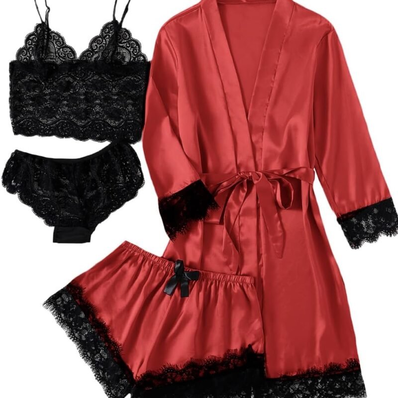 LYANER Women's 4pcs Sleepwear Satin Floral Lace Trim Cami Pajama Set with Robe