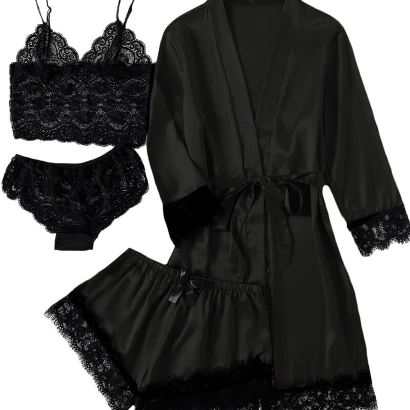 LYANER Women's 4pcs Sleepwear Satin Floral Lace Trim Cami Pajama Set with Robe