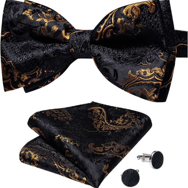 DiBanGu Paisley Pre-Tied Bow Ties for Men Silk Adjustable Bowtie and Pocket Square Cufflinks for Wedding Party