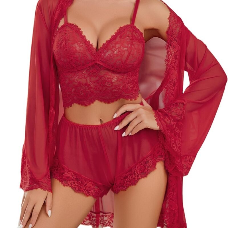 Avidlove Women Sexy Lingerie Set 3 Piece Lace Bralette and Panty Sets With Mesh Kimono Robe Sleepwear Exotic Nightgown
