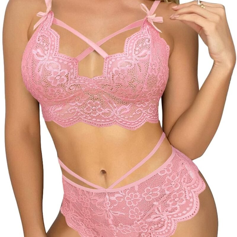 Lilosy Sexy Strappy Women Floral Lace High Waist Pajamas Lingerie Set