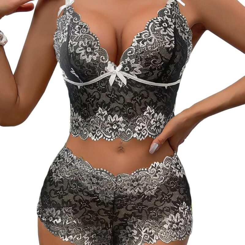 Lilosy Sexy Lace Pajamas Lingerie Set High Waist Sheer Sleepwear Bow Ties Cami Shorts Bra and Panty
