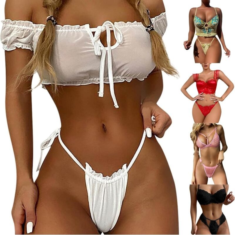 RTRDE Women's Sexy Lingerie Off Shoulder Tie Front Crop Top Bra and Panty Set Underwear Lingerie for Women