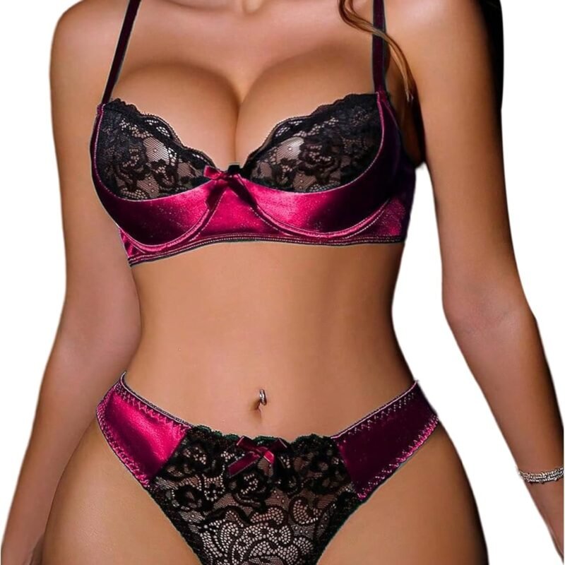 OYOANGLE Women's Sexy Lingerie 2 Piece Lace Bow Tie Underwire Push Up Silk Bra and Panty Lingerie Sets
