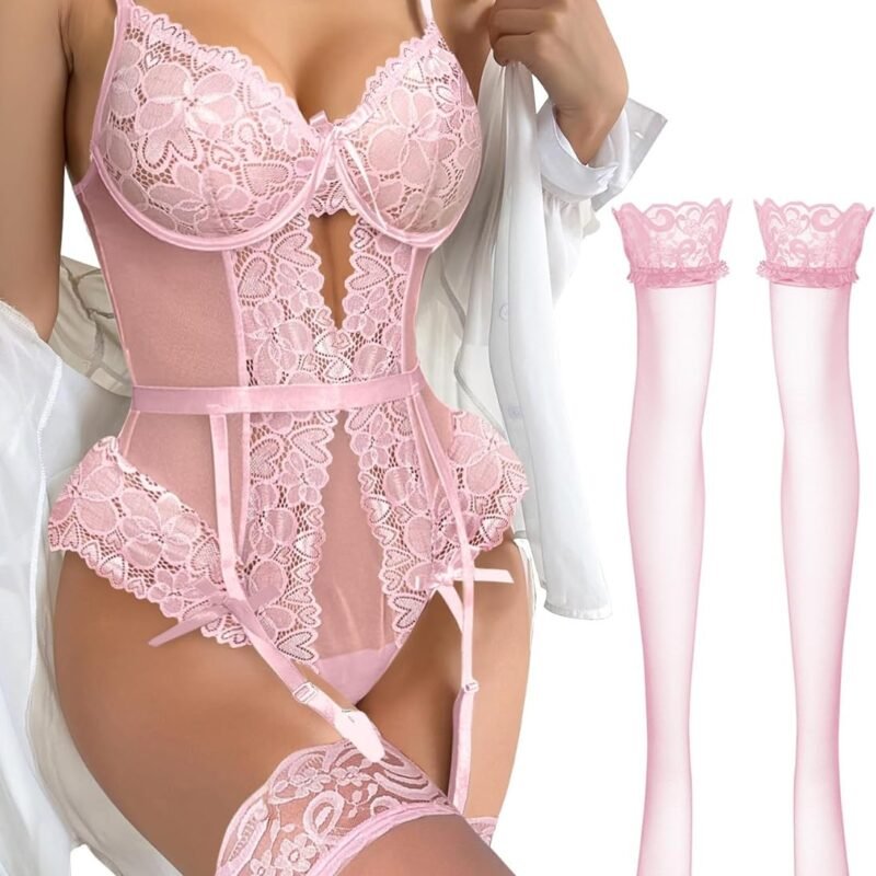 Lilosy Sexy Stocking Lace Mesh Bodysuit Top Underwire Garter Lingerie Set 3 Piece