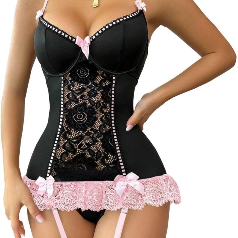 Lilosy Sexy Stocking Garter Belt Bows Floral Lace Babydoll Corset Push Up Teddy Lingerie Set with Panty