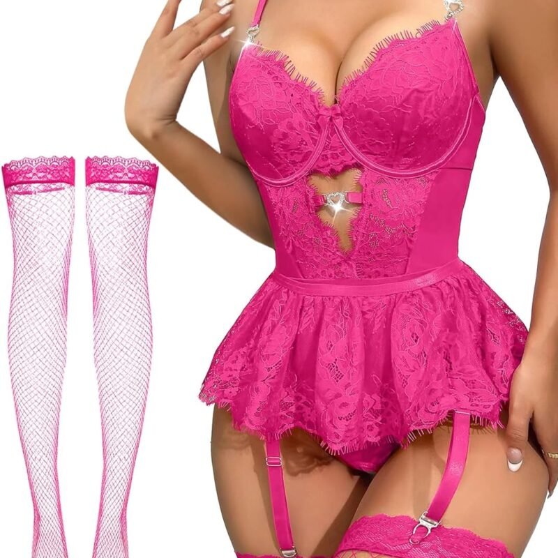 Lilosy Sexy Stocking Rhinestones Heart Garter Underwire Floral Mesh lace Sheer Babydoll Lingerie Teddy Bodysuit Skirt Set