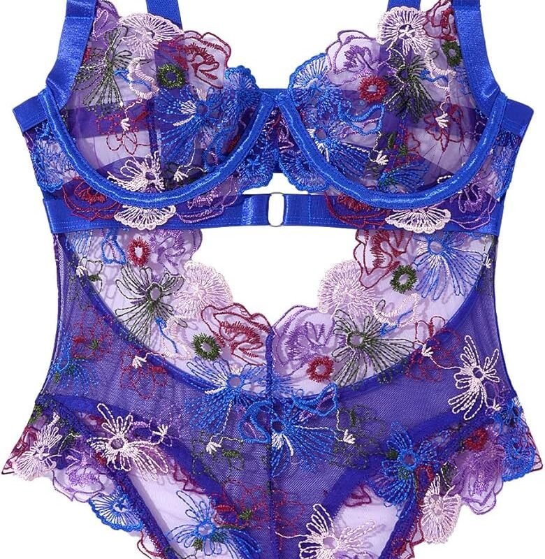 SEAUR Women's Sexy Lace Floral Embroidered Teddy Bodysuit Mesh Sheer One Piece Hollow Out Lingerie