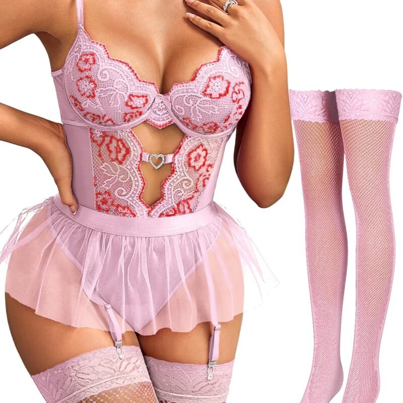 Womens Lingerie Set Sexy Lace Bodysuit with Detachable Mesh Mini Skirt Push up Garter Lingerie Sets(4pcs)
