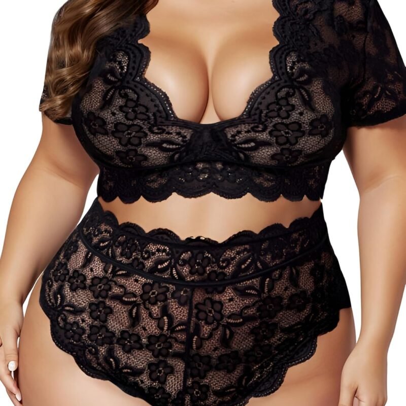 Plus Size 2 Piece Lingerie Set for Women Sexy Deep V Allover Lace Bra and Panty High Waist Nightwear Clubwear