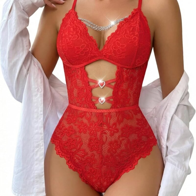 Avidlove Lingerie for Women Sexy Lace Bodysuit with Chain V Teddy Lingerie Rhinestone Cut Out One Piece Babydoll Nightgown