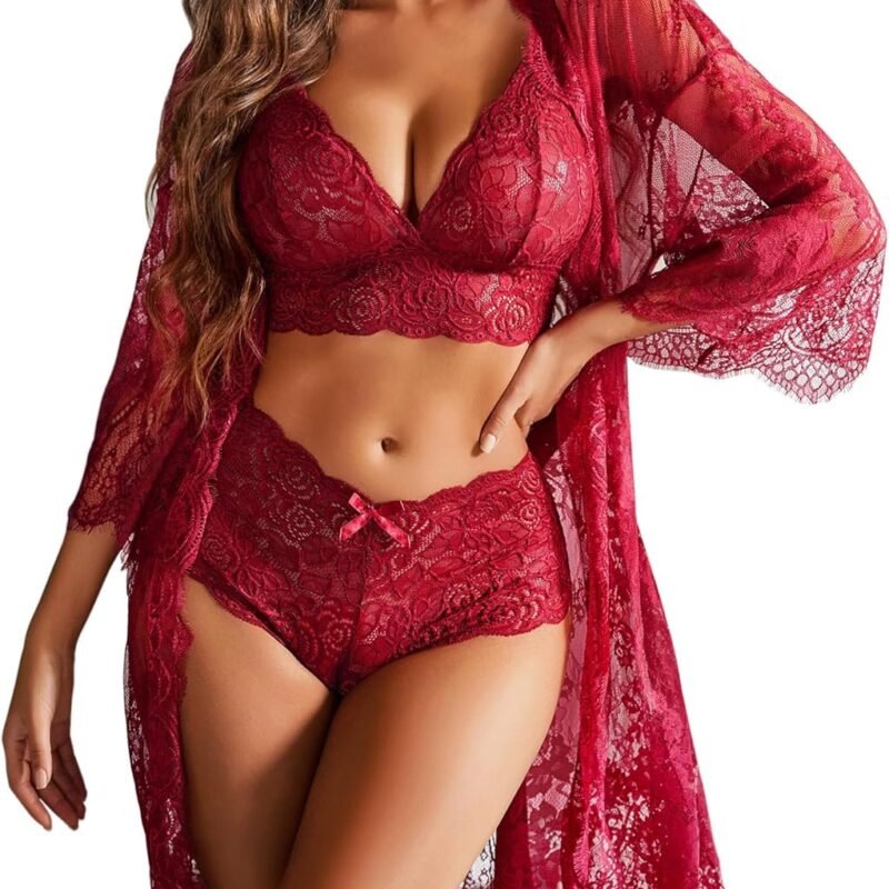 Avidlove Women Sexy Lingerie Set 3 Piece Bra and Panty Sets with Lace Kimono Robe Sleepwear Mesh Nightgown