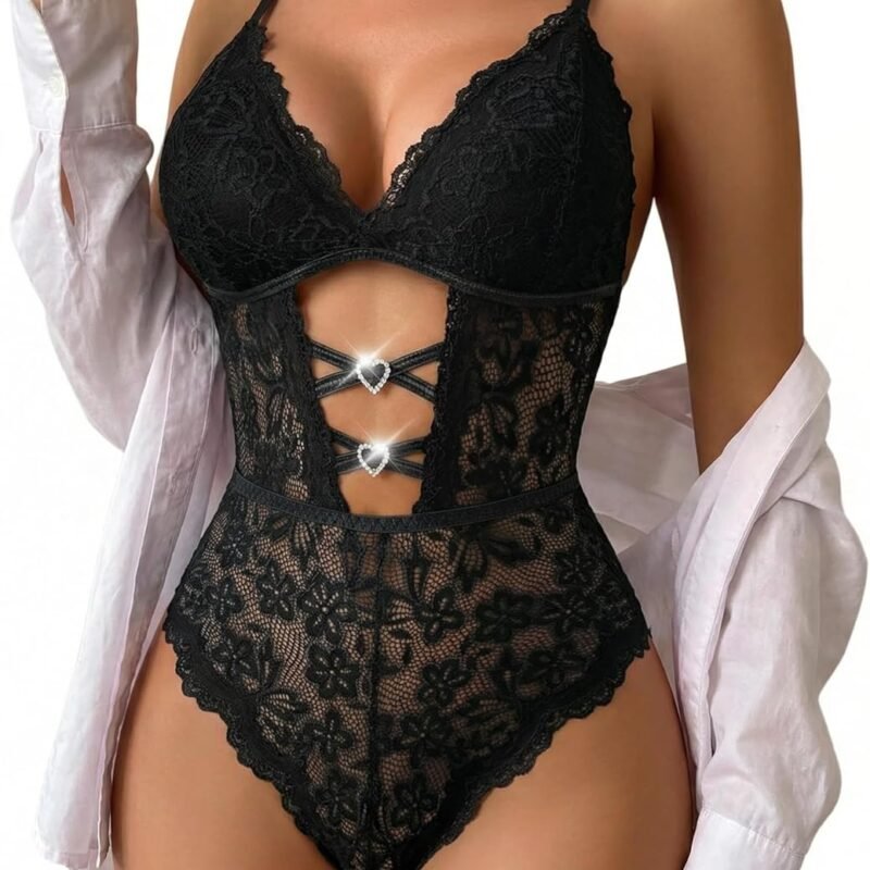 Avidlove Lingerie for Women Sexy Lace Bodysuit with Chain V Teddy Lingerie Rhinestone Cut Out One Piece Babydoll Nightgown