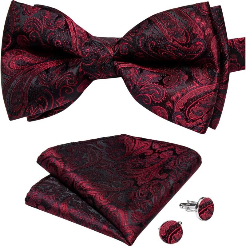 DiBanGu Paisley Pre-Tied Bow Ties for Men Silk Adjustable Bowtie and Pocket Square Cufflinks for Wedding Party