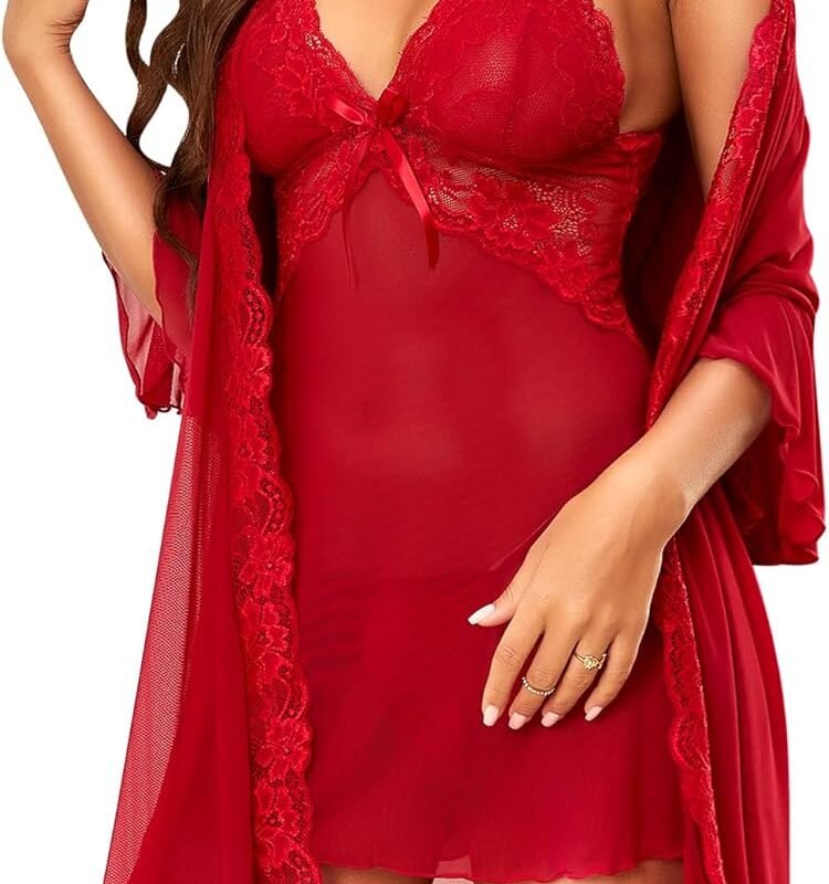 Women Sexy Lingerie Set - 3 Piece Babydoll & Lace Kimono Robe Strap Chemise Sleepwear Mesh Nightgown