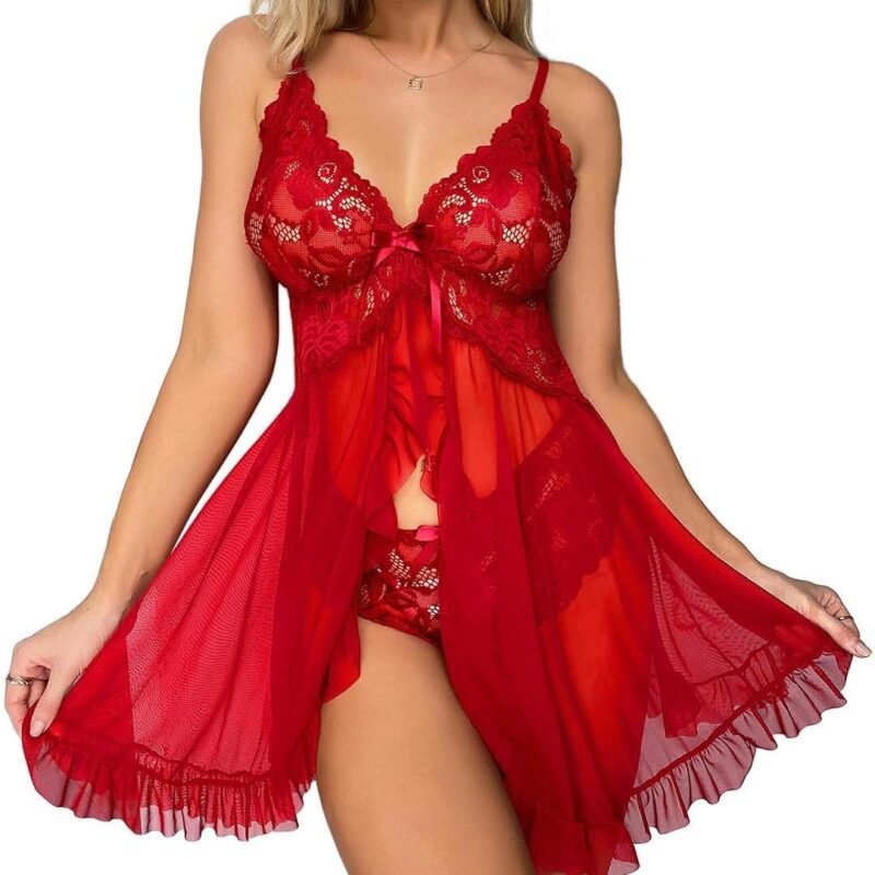 Women Sexy Lingerie Open Front Babydoll Dress Lace Chemise Sleepwear Mesh Nightgown with Thong
