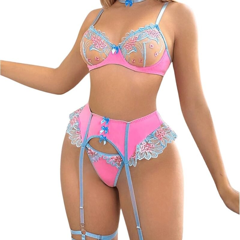 OYOANGLE Women's 6 Piece Mesh Floral Embroidery Lingerie Set with Garter Belt Choker Teddy Babydoll