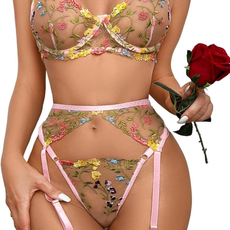 Kaei&Shi Vibrant Floral Embroidery, Underwire, Thong, Thigh Straps, Lingerie Set