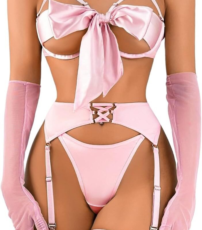 Kaei&Shi Sexy Bow Lingerie for Women,Unwrap Present Bra And Panty Set,Strappy Garter Lingeries Xmas Valentines Birthday Gift