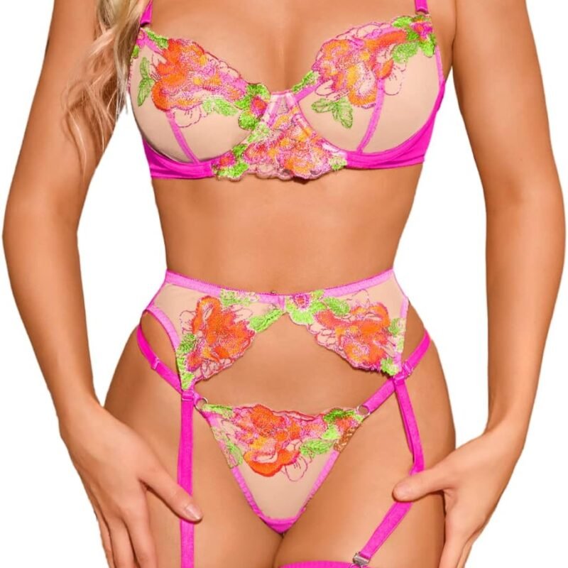 Kaei&Shi Floral Embroidered Garter Belt Set,Sheer Lingerie Sets for Women Sexy,Wedding Night Valentines Boudoir Outfits