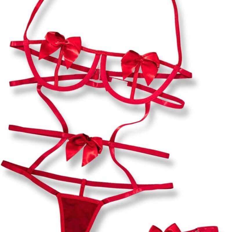 Kaei&Shi Bow Lingerie Set For Christmas,Women Strappy Cutout Lingerie Bodysuit