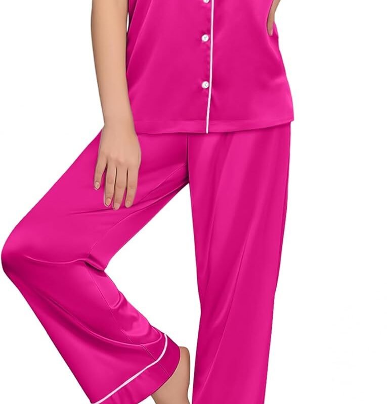 Ekouaer Womens Silk Pajama Sets Silky Short Sleeve Pjs 2 Piece Silk Button Down Pajamas Soft Satin Pj Pants Set