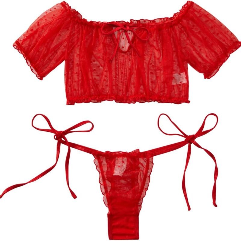 Lilosy Sexy Stretch Ruffle Tie Sheer Mesh Lingerie Set Outfits