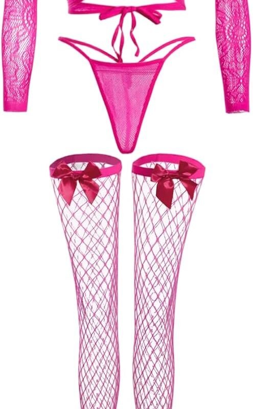 OYOANGLE Women's Fishnet Lingerie Set 4 Piece Cropped Top G String with Bow Stockings Sexy See Through Nightwear