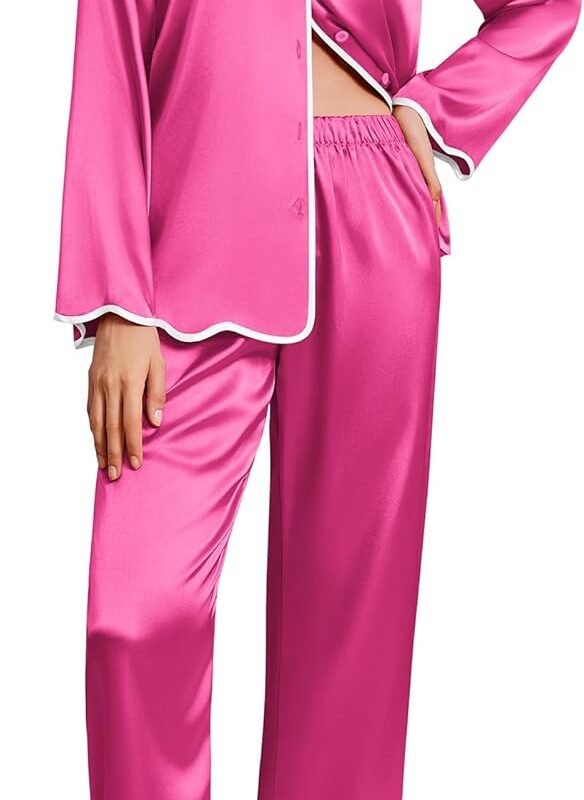 Ekouaer Satin Pajama Set Long Sleeve Button Down Pj Sets Ruffle Silk Valentine Pajamas for Women