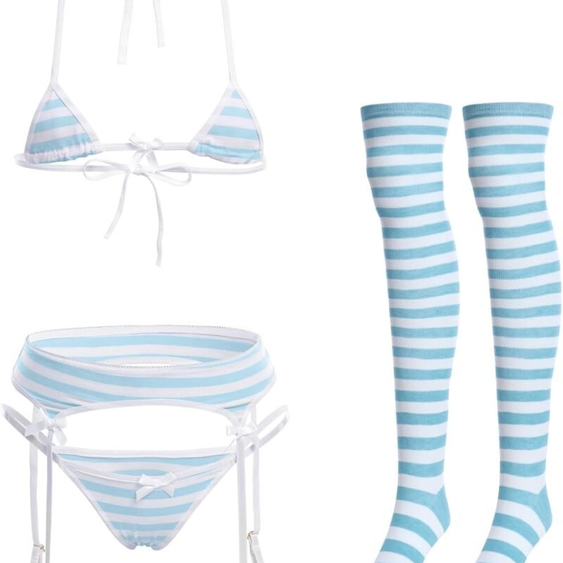 ABAFIP Women Cute Kawaii Anime Lingerie set Halter Strap Micro Bra Tiny Panty Garter Belt Striped Stockings 4Pcs Underwear