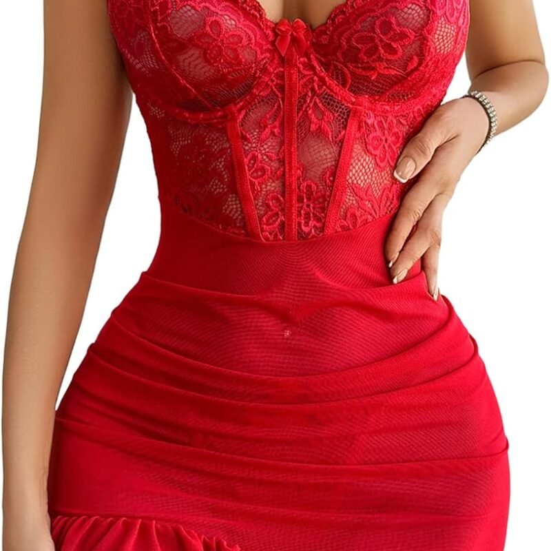 Avidlove Sexy Lingerie Lace Bodycon Dress Ruffle Underwire Mesh Floral Outfits Babydoll Lingerie Set with Thong