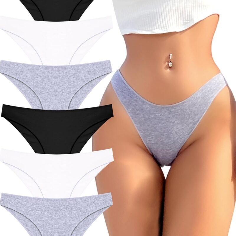 FINETOO 6 Pack Cotton Underwear for Women Cute Low Rise Bikini Panties High Cut Breathable Sexy Hipster Womens Cheeky S-XL