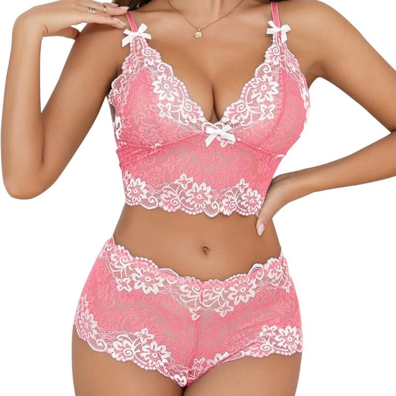 Lilosy Sexy Lace Pajamas Lingerie Set High Waist Sheer Sleepwear Bow Ties Cami Shorts Bra and Panty