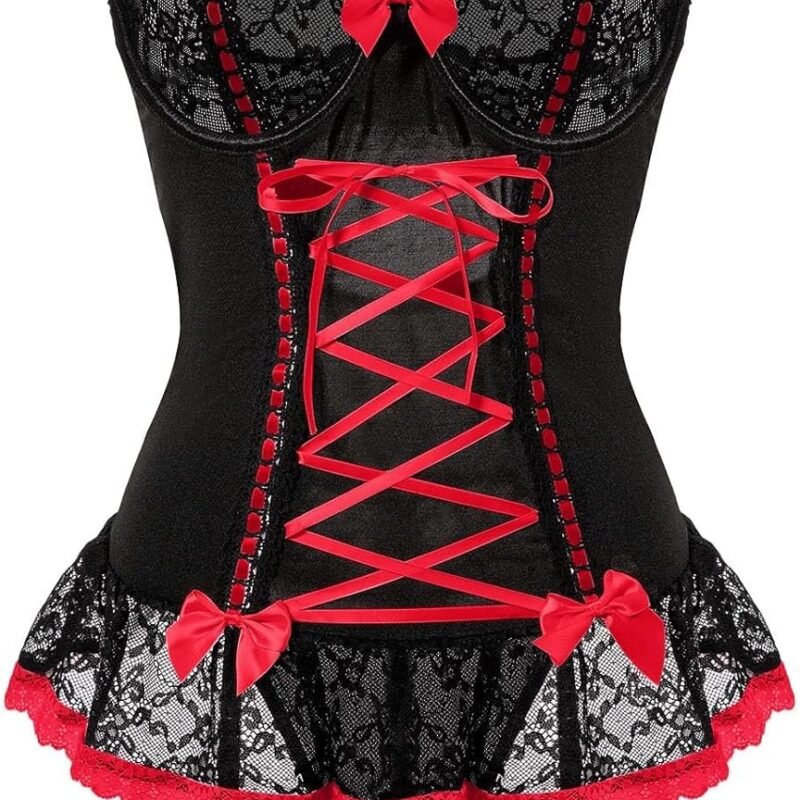 Sexy Mesh Corset Ruffle Lace Up Underwire Sheer Garter Belt Babydoll Lingerie Set With Thong 3 Piece Women