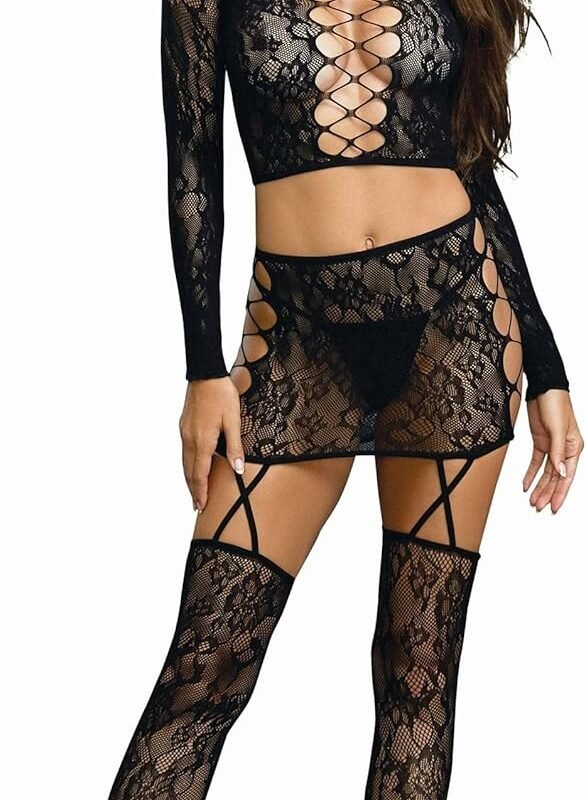Dreamgirl Women's Lace Patterned Knit Set with Attached Garters and Stockings Underwear, black, One Size