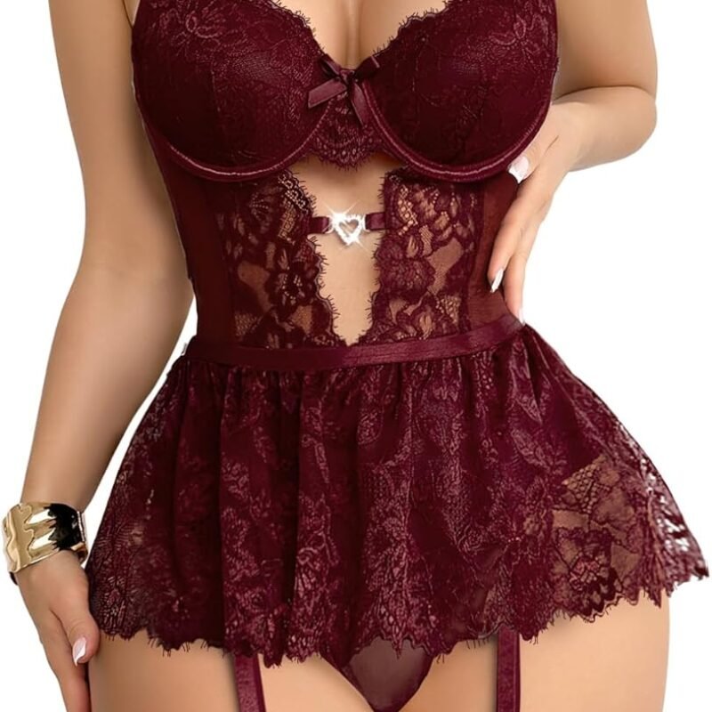 Sexy Stocking Underwire Push Up Rhinestones Heart Floral Lace Mesh Sheer Garter Bodysuit Skirt Lingerie Set 3 Piece