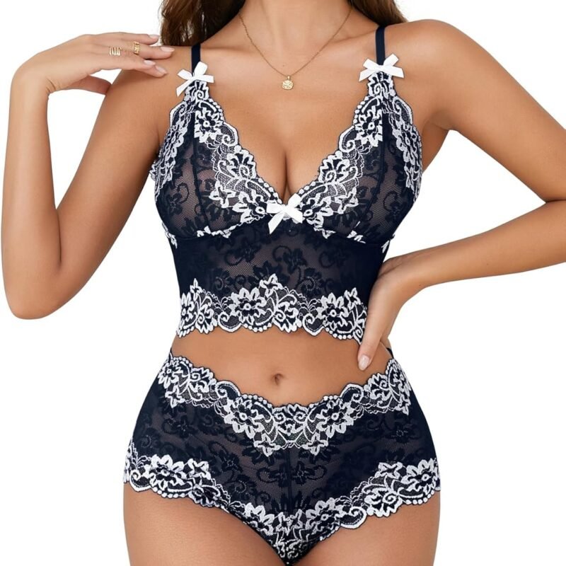 Lilosy Sexy Lace Pajamas Lingerie Set High Waist Sheer Sleepwear Bow Ties Cami Shorts Bra and Panty