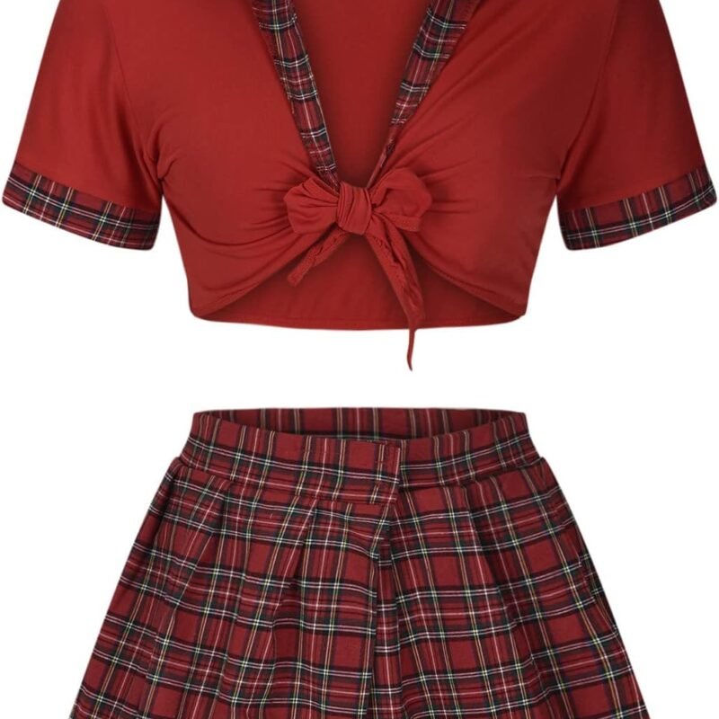Women Schoolgirl Lingerie Sexy Roleplay Student Costumes Lingerie Set Crop Top and Mini Plaid Skirt Uniform Outfits