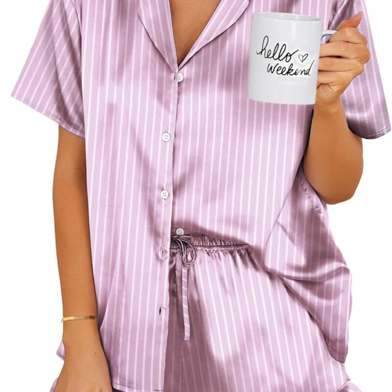 Ekouaer Womens Satin Pajamas Set Button Down 2 Piece Silk Pjs Shorts Set Ruffle Lingerie Notch Collar Sleepwear