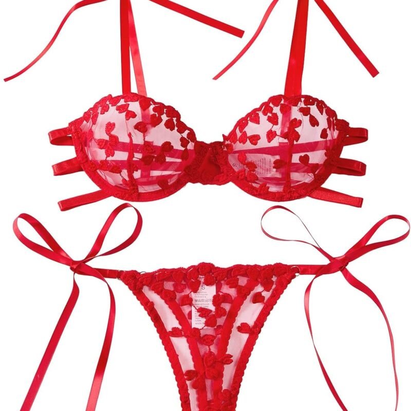 Lilosy Sexy Tie Side Embroidered Underwire Push Up Cute Strappy Mesh Sheer Bachelorette Lingerie Set