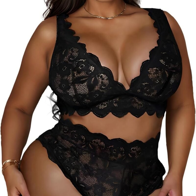 JuicyRose Women Plus Size 2 Piece Lingerie Sexy Floral Lace Scallop Trim Bralette and High Waist Panty Set