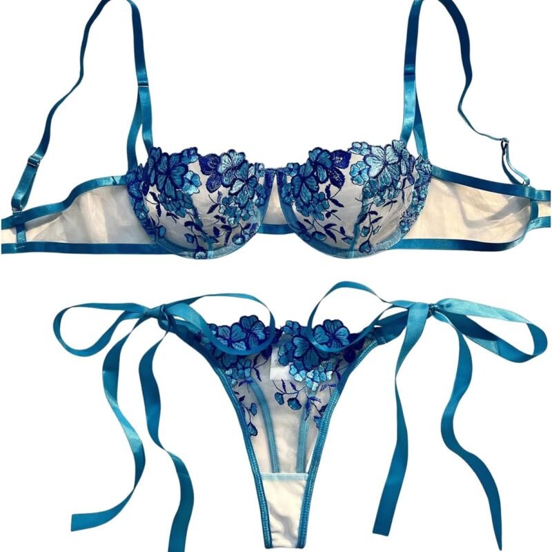 Verdusa Women's 2 Piece Floral Lace Bow Lingerie Set Embroidery Sheer Push Up Bra with Tied Side Thong