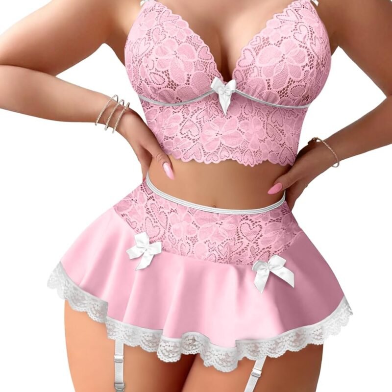 Sexy Stocking Mini Skirt Wireless Mesh Lace Garter Lingerie with Thong Set 4 Pieces