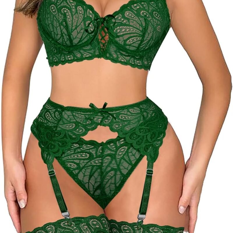 Lilosy Sexy Bow Feather Floral Lace Sheer Underwire Push Up Garter Lingerie Set