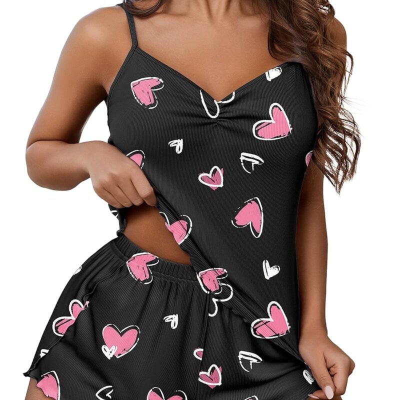 Ekouaer Womens Cami Pajama Sets 2 Piece Ribbed Knit Lingerie Sleeveless Tank Top and Shorts Camisole Pjs Sleepwear