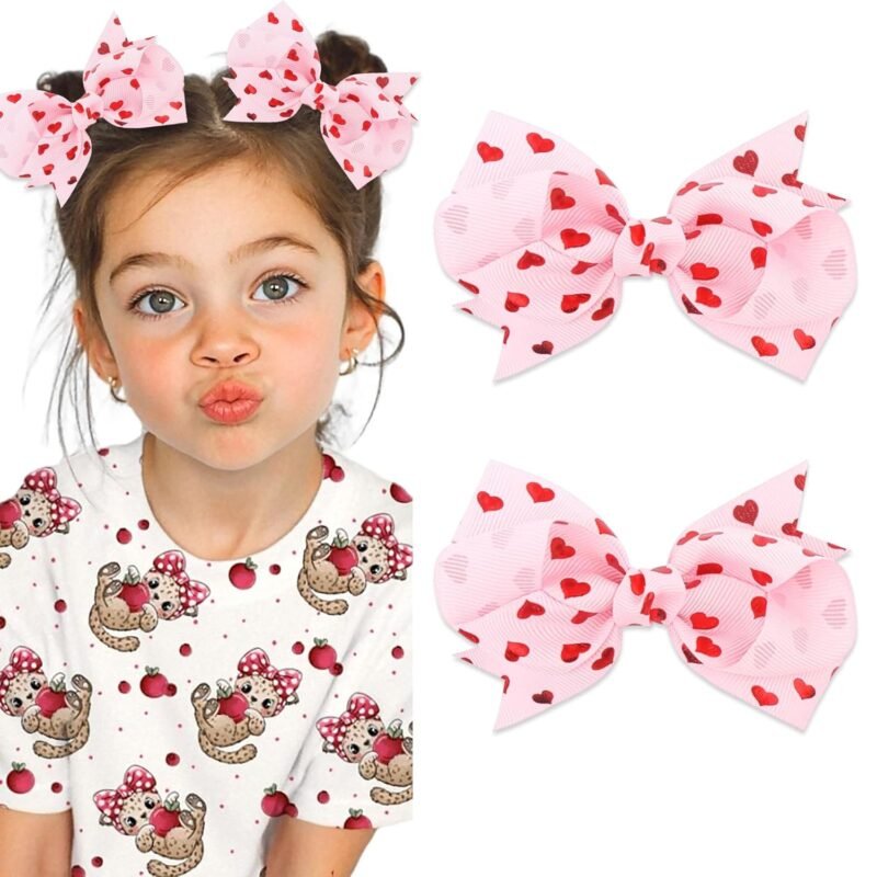 Hair Bow Clips Valentine’s Day Love Heart Bow For Girls Pink Bows Red Print Cute Bowknot Barrettes Cupid Valentines Hairpins 4 Inch Hair Accessories For Women Girls Decor Party Date 2 Pcs