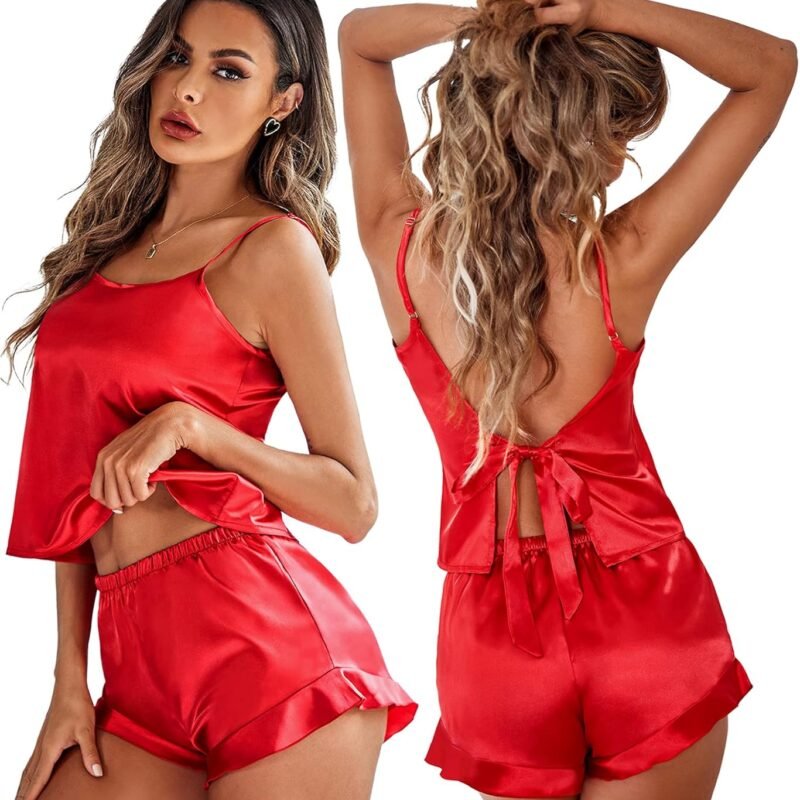 Ekouaer Satin Backless Ruffle Pajamas Silk Bow Ties Lingerie Set Wedding Bridal Party Sleepwear for Women